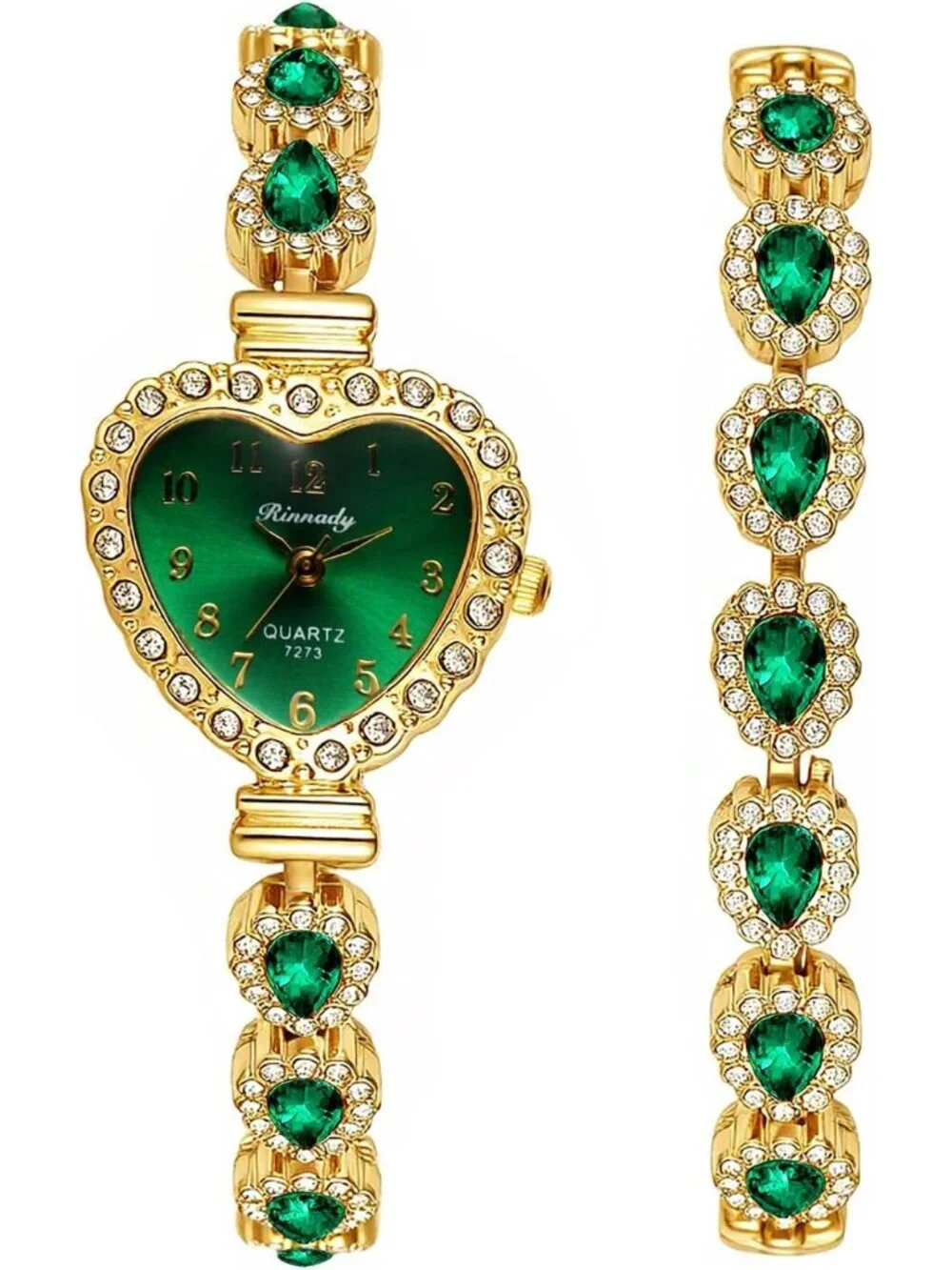 Women's Green Heart Dial Bracelet Set Birthstone Crystal Quartz Display Watches